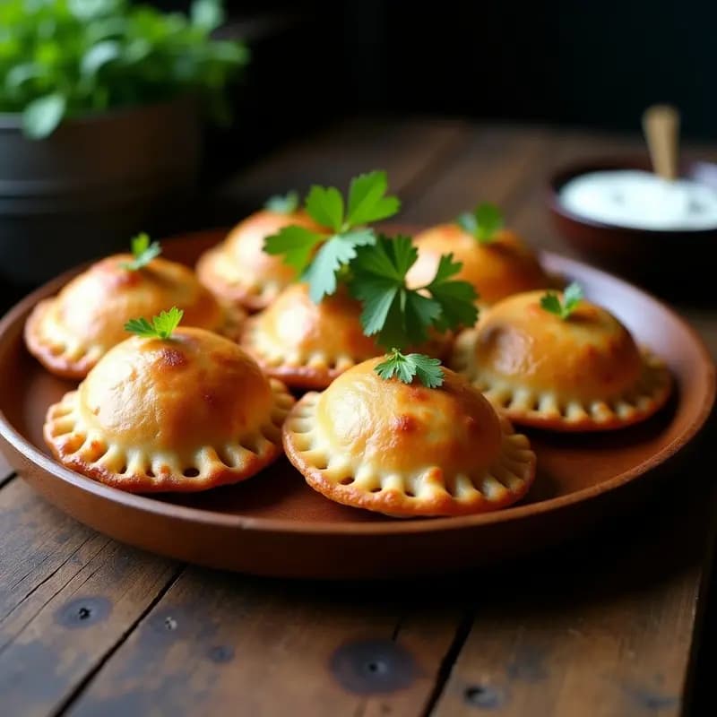 Empanadas filipinas doradas de masa de arroz sin gluten rellenas de atún y pimientos rojos asados, servidas en una bandeja de madera con hojas de cilantro fresco.