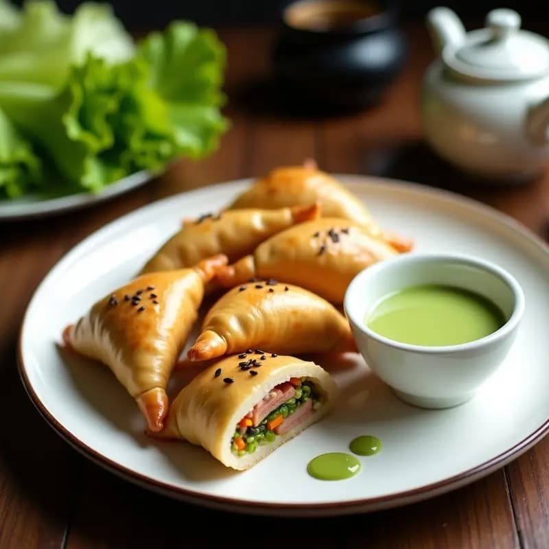 Empanadas doradas y crujientes de masa de arroz rellenas de atún, servidas en un plato blanco con salsa de wasabi cremosa al lado. Decoradas con semillas de sésamo y rodajas finas de limón.
