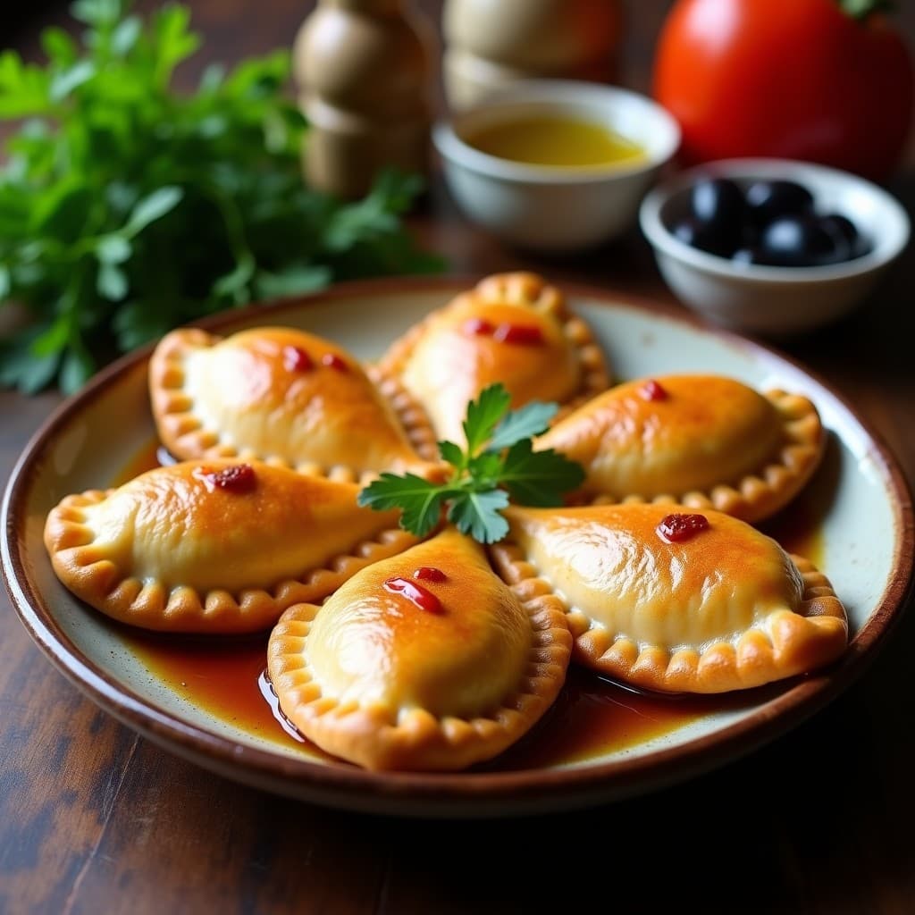 Empanadas doradas de masa de arroz rellenas de bacalao desmenuzado y pimientos asados, servidas en un plato de barro rústico sobre una mesa de madera con hierbas frescas y aceite de oliva al lado. Receta portuguesa en olla exprés.