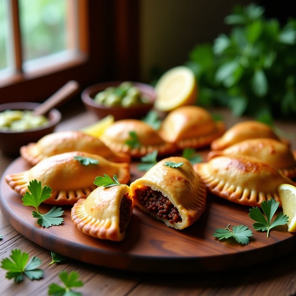 Empanadas doradas y crujientes de masa de caoba rellenas de picadillo de seitán, dispuestas en una bandeja rústica de madera con hierbas frescas y limones al fondo, receta vegana en airfryer.