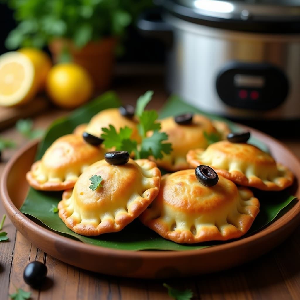 Empanadas doradas de masa de cassava rellenas de bacalao desmenuzado y aceitunas negras, servidas en un plato de madera rústico con hojas de cilantro fresco. Receta caribeña en olla lenta.