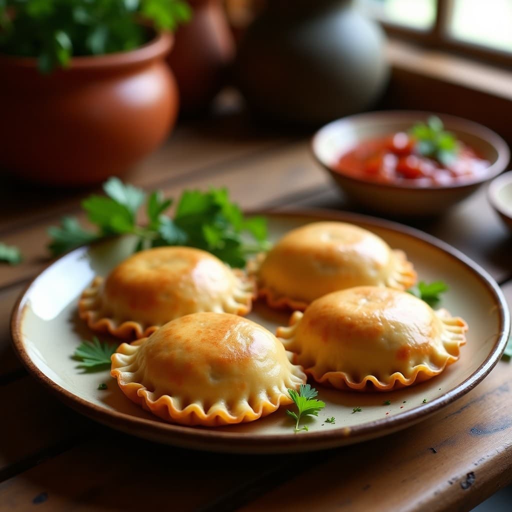 Empanadas doradas de masa de cassava rellenas de picadillo de berenjena, servidas en un plato de barro con hierbas frescas y salsa de ají al lado. Receta colombiana sin gluten.