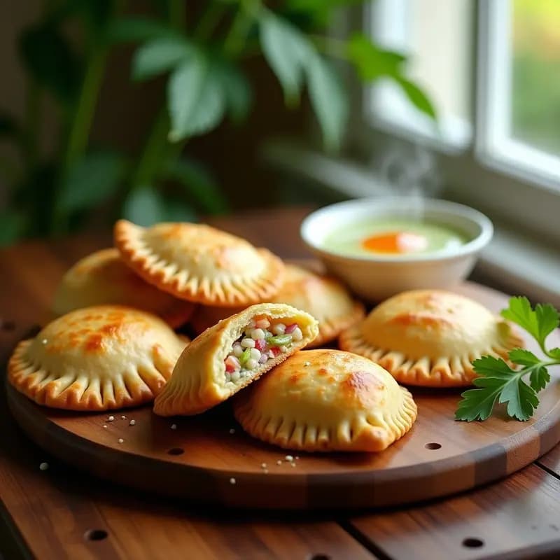 Empanadas doradas y crujientes de masa de cocina rellenas de langosta y wasabi, servidas en una bandeja de madera con hierbas frescas y salsa de yogur al lado. Receta caribeña gourmet en airfryer.