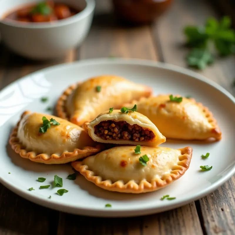 Empanadas keto doradas y crujientes con masa de coliflor, rellenas de picadillo de soja texturizada, servidas en un plato blanco rústico con perejil fresco y salsa de yogur al lado. Receta keto en airfryer.