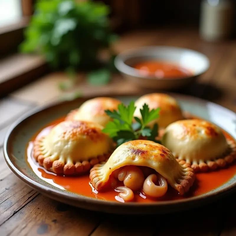 Empanadas doradas de masa de coliflor rellenas de pulpo al ajillo, dispuestas en una bandeja de horno con perejil fresco espolvoreado, receta española keto baja en carbohidratos.