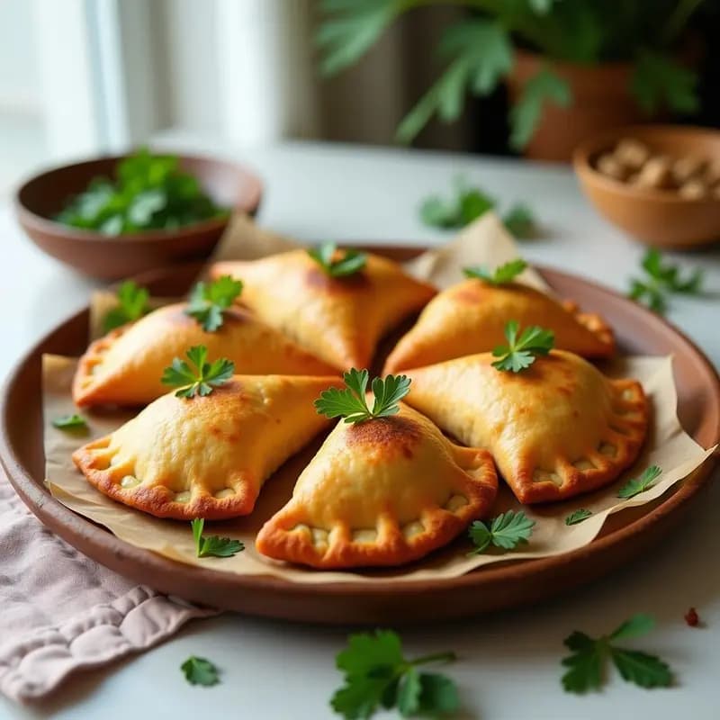 Empanadas doradas y crujientes de masa de coliflor rellenas de carne picante, servidas en un plato de madera con perejil fresco. Receta keto en Airfryer.