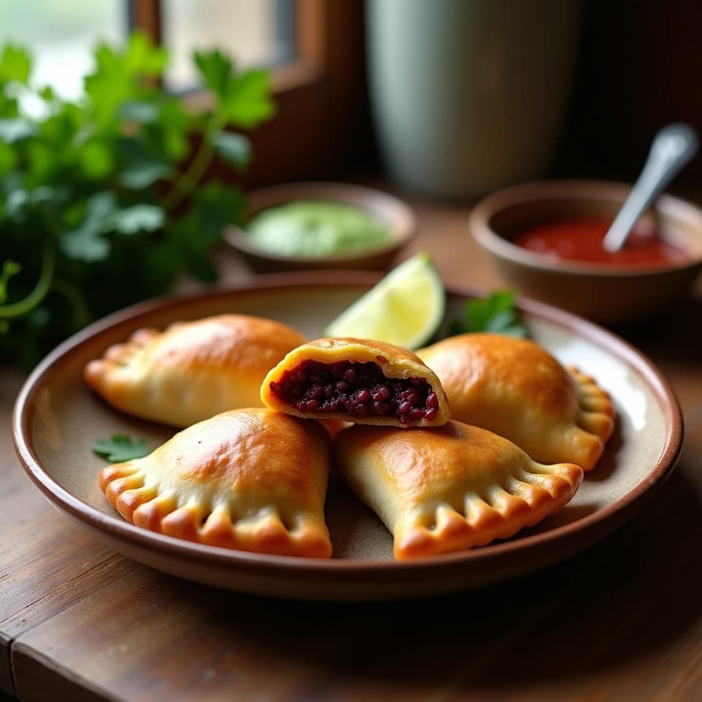 Empanadas colombianas sin gluten de masa dorada de jackfruit, rellenas de morcilla vegana de lentejas y remolacha, servidas en plato de barro con hierbas frescas y salsa de ají al lado.
