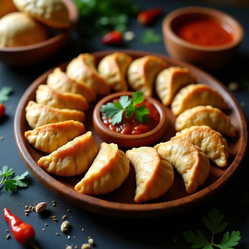 Empanadas guatemaltecas veganas de masa de maíz azul doradas al horno, rellenas de picadillo de hongos portobello y shiitake, servidas en un plato de barro con hojas de hierbabuena como decoración.