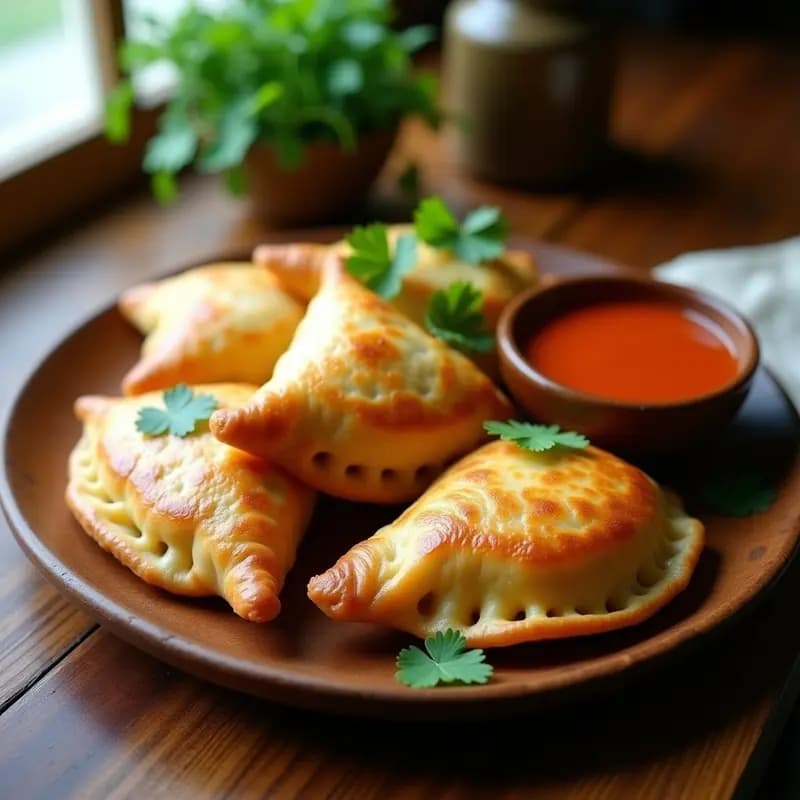 Empanadas doradas y crujientes de masa de ñame rellenas de carimañola y queso, servidas en un plato de madera con salsa de ají al lado. Receta venezolana en airfryer.