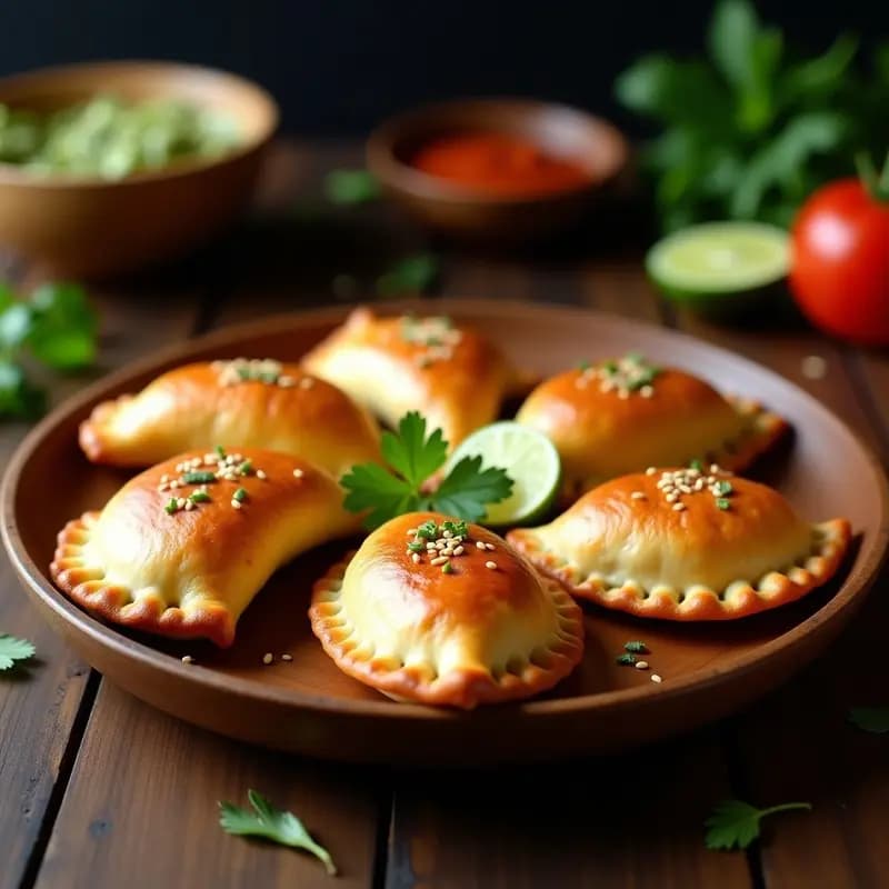 Empanadas doradas y crujientes de masa de ñame rellenas de carnitas veganas, servidas en un plato de madera con hojas de cilantro fresco y ají picante al lado, receta colombiana tradicional.