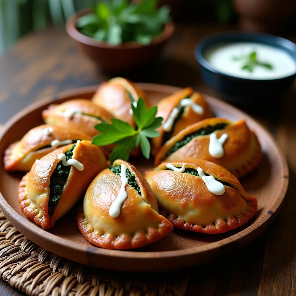 Empanadas doradas y crujientes de masa de ñame morado rellenas de espinacas y queso de anacardos, servidas en un plato de madera rústico con salsa de yogur de coco y hojas de cilantro. Receta afrocaribeña en airfryer sin gluten.