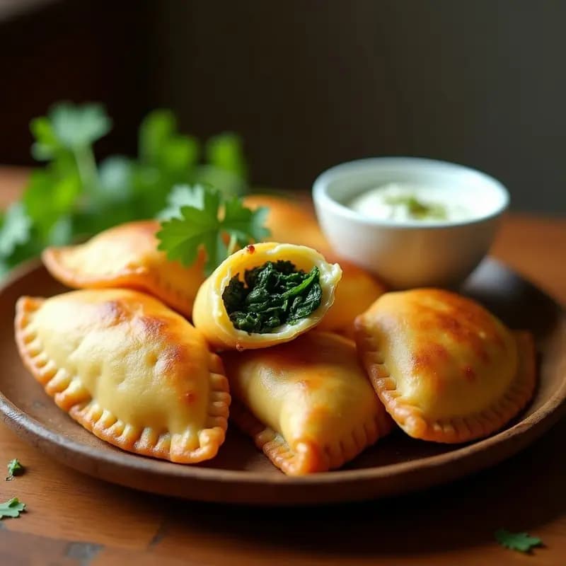 Empanadas doradas y crujientes de masa de ñame rellenas de espinacas y tofu de seda, servidas en un plato de madera rústico con un dip de yogur vegano y decoradas con cilantro fresco. Receta colombiana revolucionaria sin gluten.