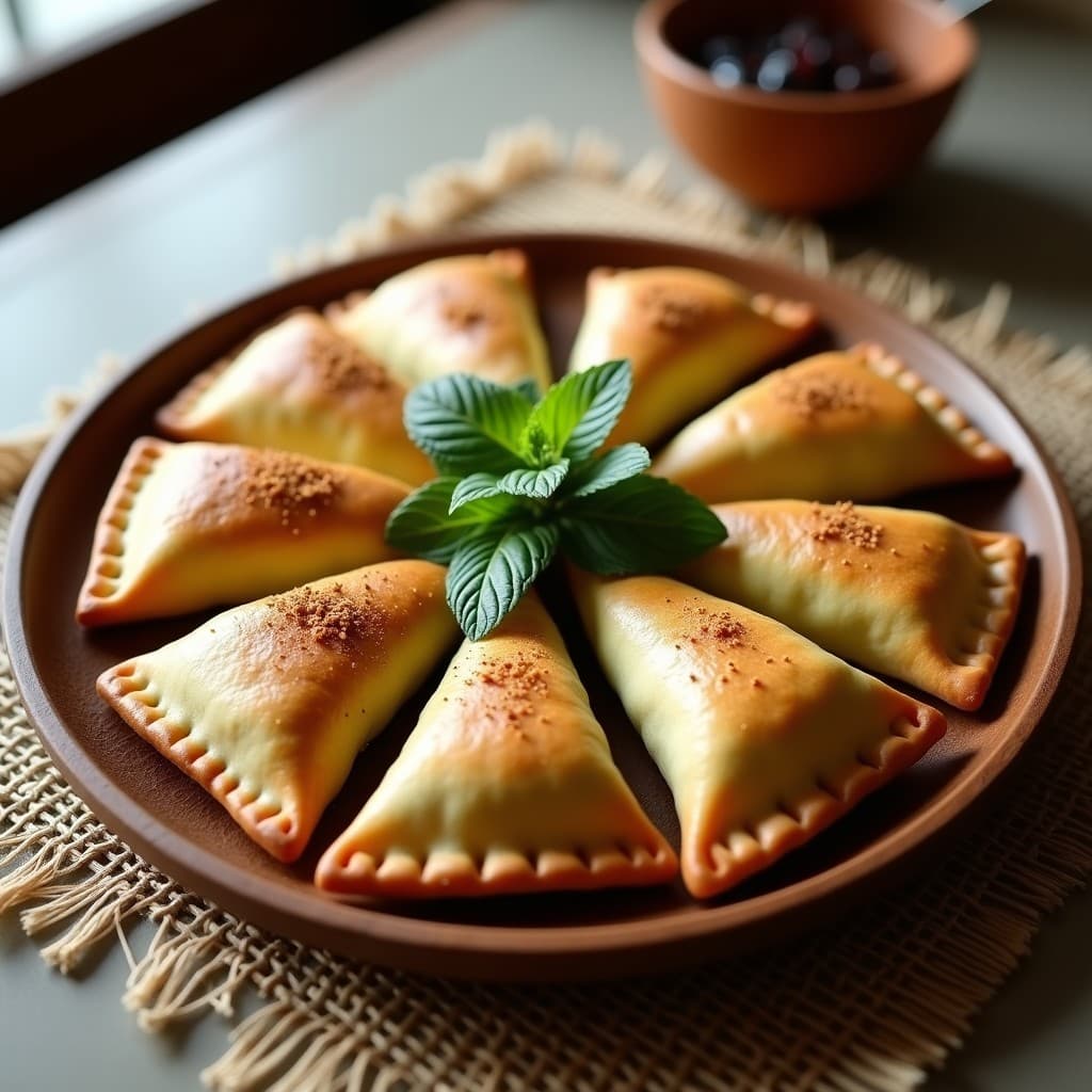 Empanadas doradas de masa de plátano macho rellenas de queso cremoso de almendras y mermelada de higo oscura, servidas en un plato de madera con hojas de menta. Receta keto sin gluten.