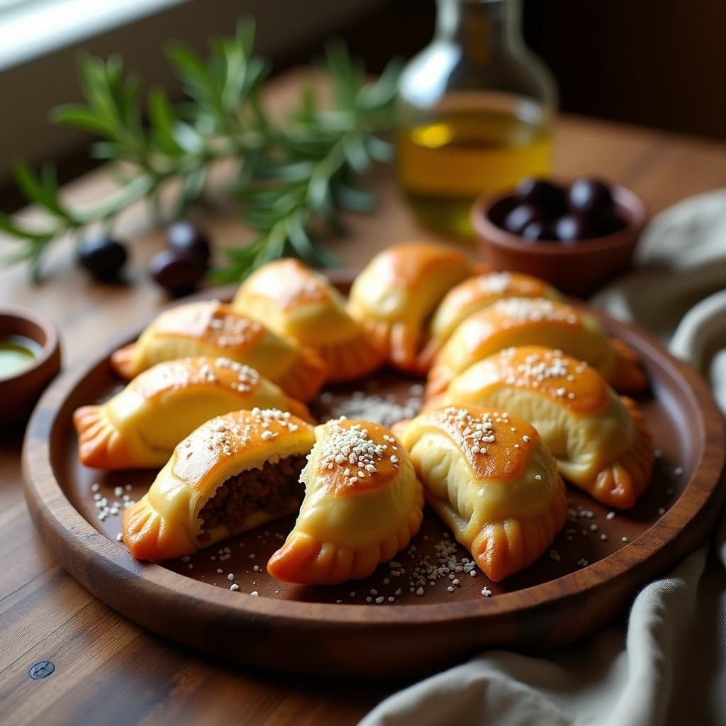 Empanadas doradas de masa de yuca con relleno de carne de res y aceitunas Kalamata, servidas en bandeja de madera rústica con hierbas frescas y queso parmesano espolvoreado.