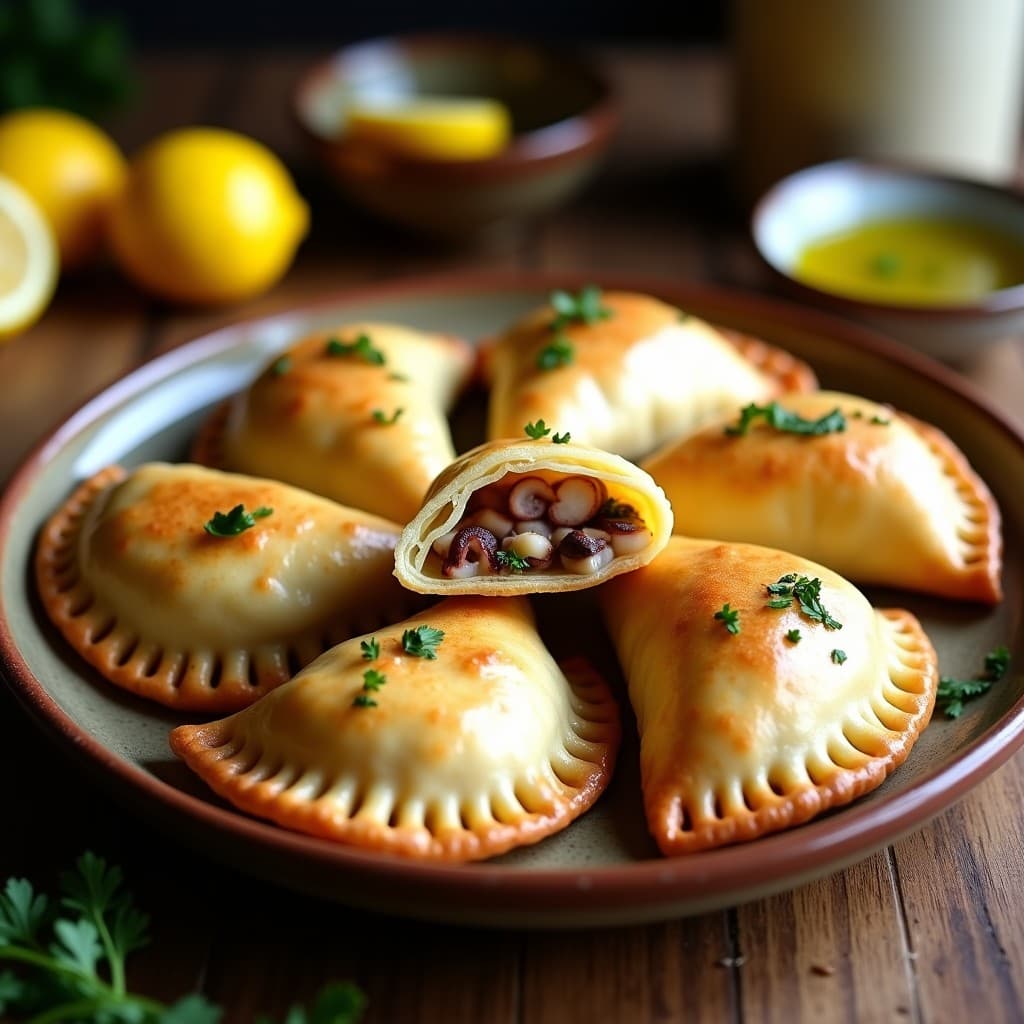 Empanadas doradas de masa de yuca rellenas de pulpo al ajillo, servidas en un plato de barro con rodajas de limón y perejil fresco, receta peruana sin gluten.
