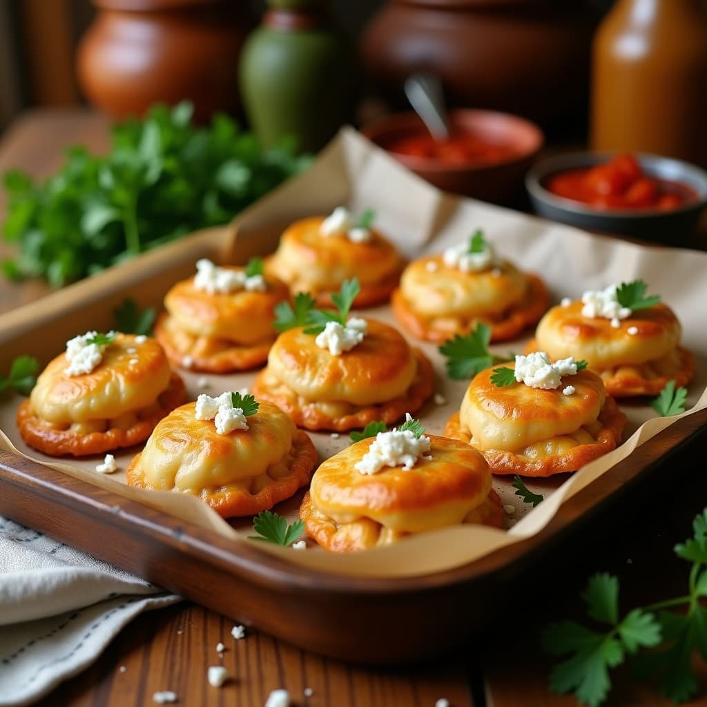 Empanadas doradas de masarepa rellenas de ayote y queso fresco, servidas en una bandeja de madera rústica con hojas de cilantro fresco y una salsa de tomate al lado, receta costarricense tradicional al horno.