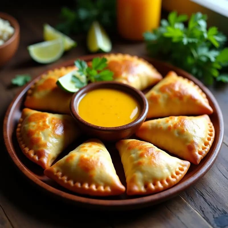 Empanadas doradas y crujientes de masarepa rellenas de carles (hongos silvestres), servidas en un plato de madera rústico con salsa de ají amarillo al lado. Decoradas con hojas de cilantro fresco y rodajas de limón.