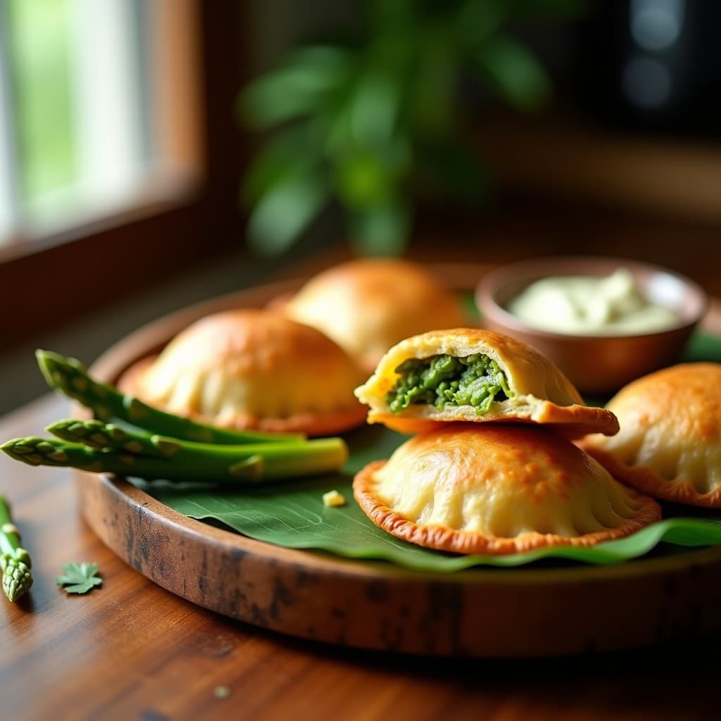 Empanadas doradas y crujientes de masarepa rellenas de espárragos verdes y queso vegano de anacardos, servidas en una bandeja de madera rústica con hoja de plátano. Receta colombiana en airfryer sin lácteos.