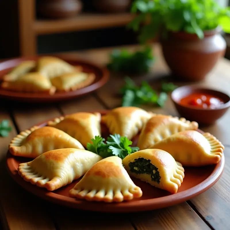 Empanadas colombianas veganas doradas y crujientes, rellenas de espinacas y queso cremoso de anacardos, servidas en un plato de barro con salsa picante al lado.