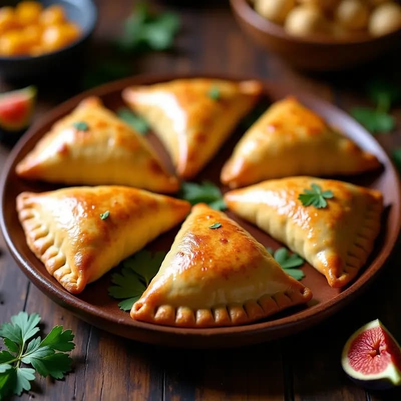 Empanadas doradas de masarepa con bordes ligeramente ondulados, rellenas de queso de anacardos cremoso y trozos de higos caramelizados, espolvoreadas con semillas de sésamo y servidas en una bandeja de madera rústica con hojas de plátano de fondo. Receta de empanadas de masarepa rellenas de queso de anacardos y higos veganas.