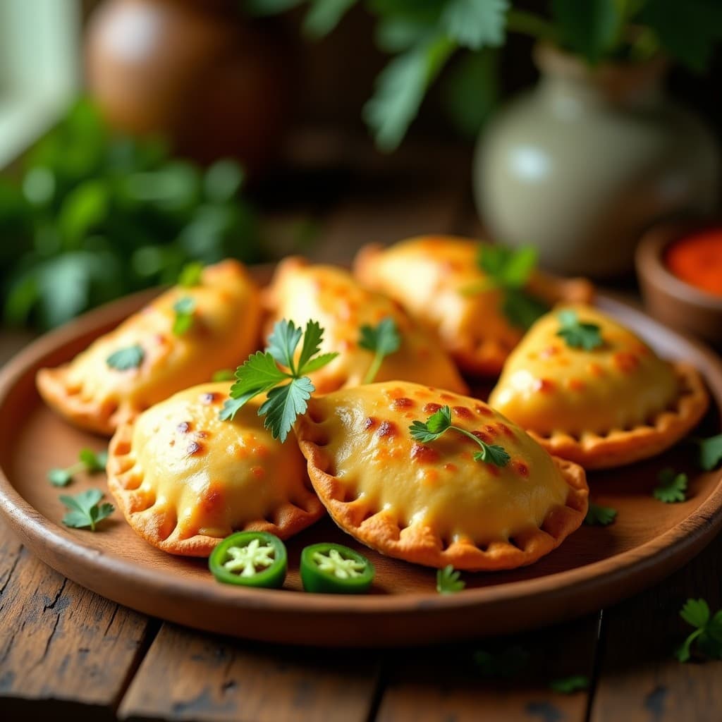 Empanadas doradas y crujientes de masha y jalapeños con queso vegano derretido, servidas en un plato de madera rústico con hojas de cilantro fresco y rodajas de jalapeño como decoración. Receta caribeña en airfryer.