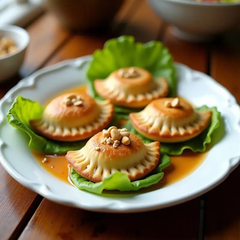 Empanadas peruanas de mashua rellenas de ocopa y queso fresco, servidas sobre hojas de lechuga con salsa de cacahuete y decoración de cacahuetes triturados, receta sin horno.