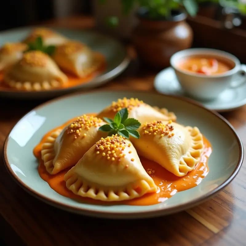 Empanadas doradas y crujientes de masa de yuca rellenas de mashua (patata morada) y queso fresco, servidas en un plato de barro con fondo rústico. Receta ecuatoriana sin horno.