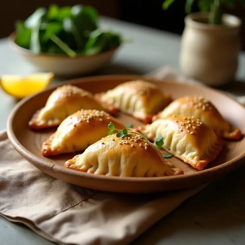 Empanadas doradas de matzah rellenas de espinacas y queso de anacardos, con semillas de sésamo espolvoreadas, servidas en una bandeja de madera rústica con hierbas frescas al lado. Receta judía sin gluten.
