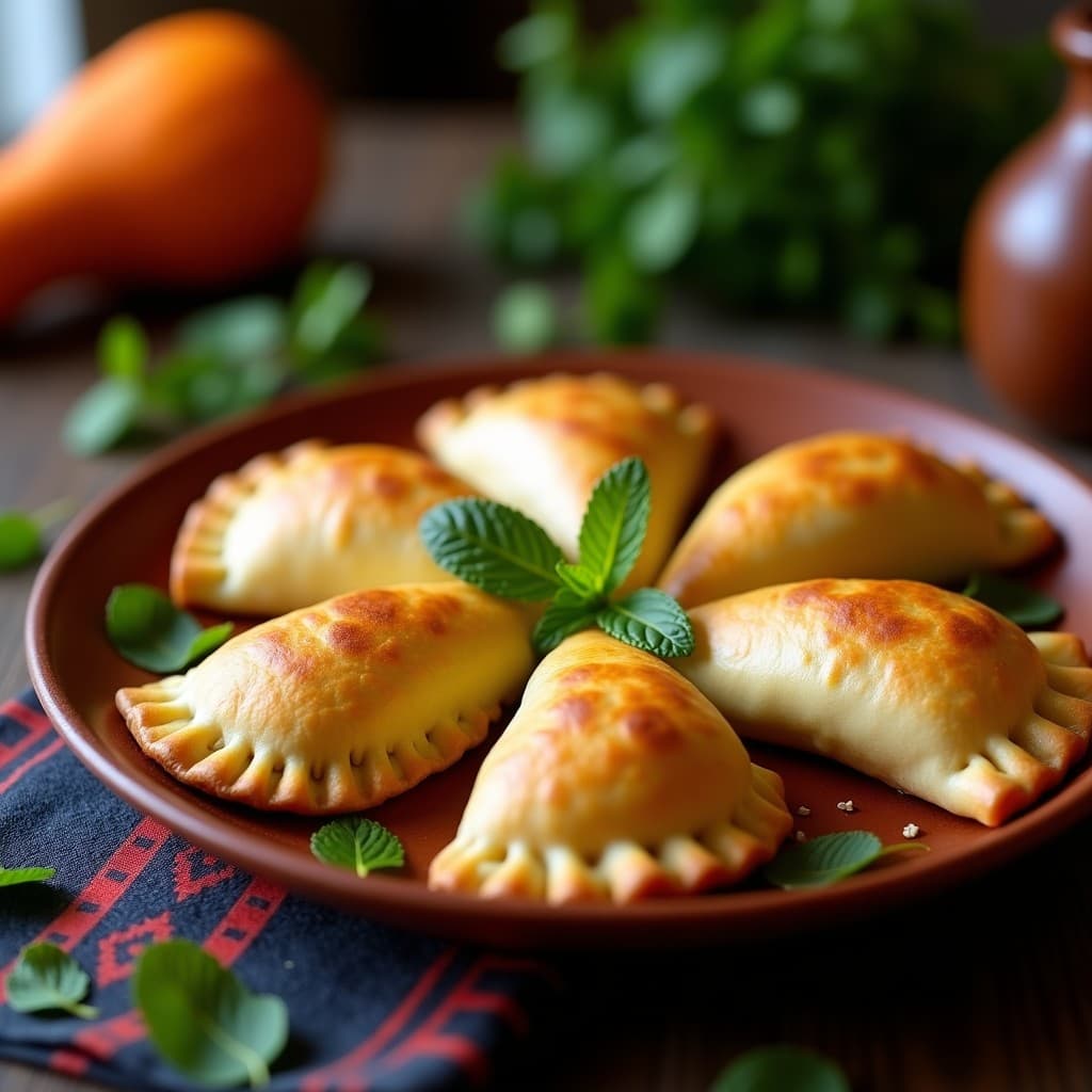 Empanadas de maíz azul y calabaza peruanas, doradas y crujientes, dispuestas en un plato de barro rústico con hojas de hierbabuena como decoración. Receta sin gluten en olla lenta.