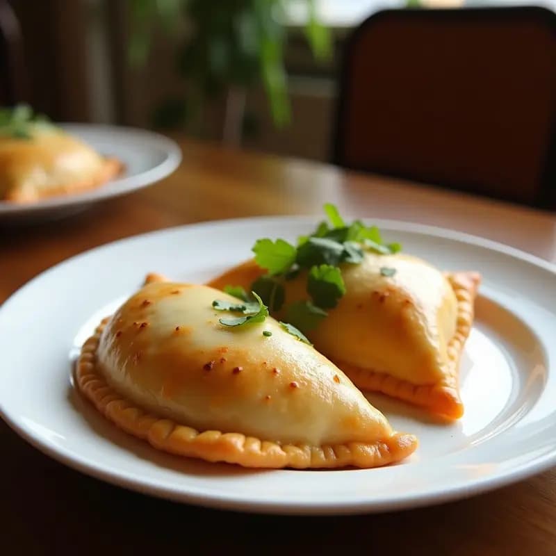 Empanadas chilenas doradas y crujientes rellenas de membranillo y queso fresco, con un espolvoreado de azúcar glass sobre fondo rústico de madera, servidas en un plato de barro.
