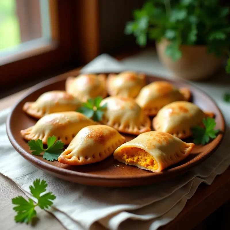 Empanadas doradas de mijo y calabaza con queso de cúrcuma, aperitivo colombiano sin lactosa, servidas en un plato de madera con hierbas frescas.