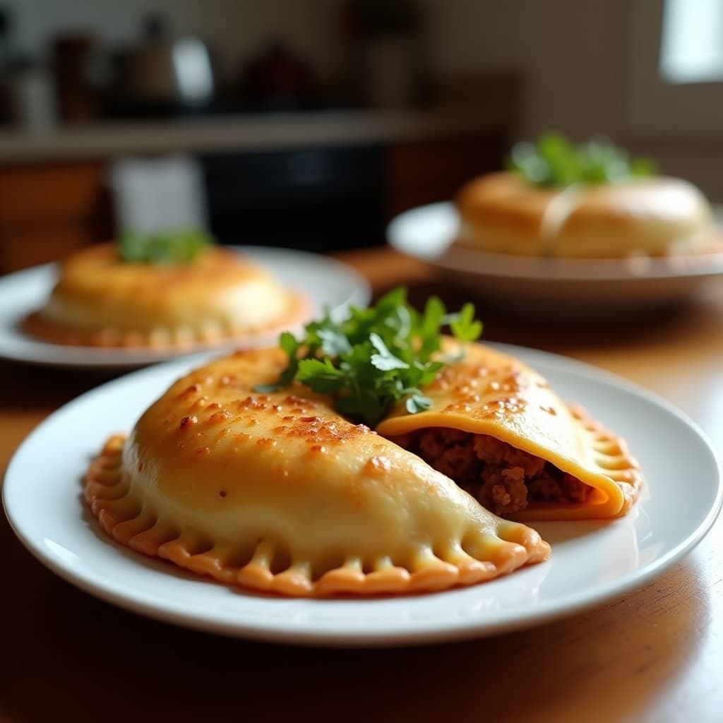 Empanadas de mijo doradas y crujientes rellenas de carne picada de res y pasas rubias, dispuestas en una fuente de barro con hojas de perejil fresco. Receta peruana sin gluten tradicional.