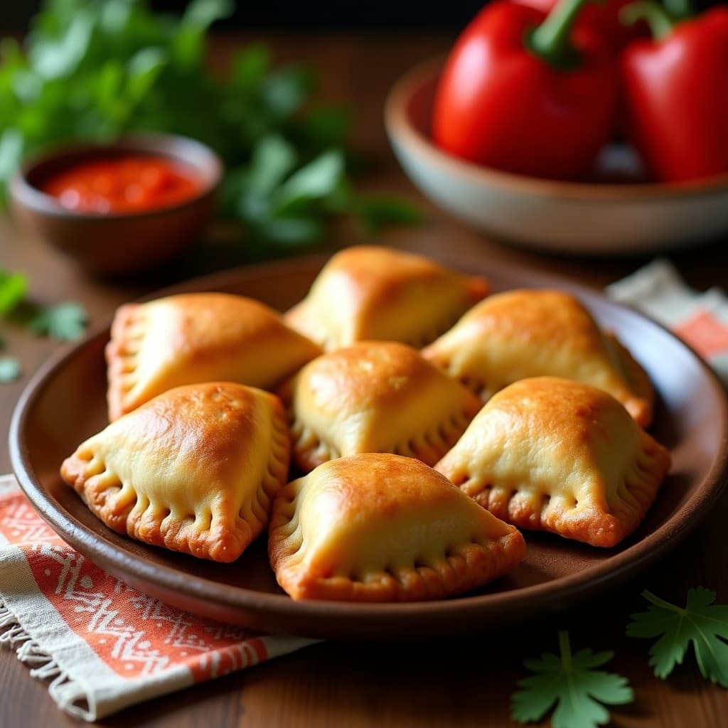 Empanadas doradas y crujientes de mijo rellenas de carne de res y pimiento morrón, servidas en un plato de barro con ají picante al lado, receta colombiana sin gluten.