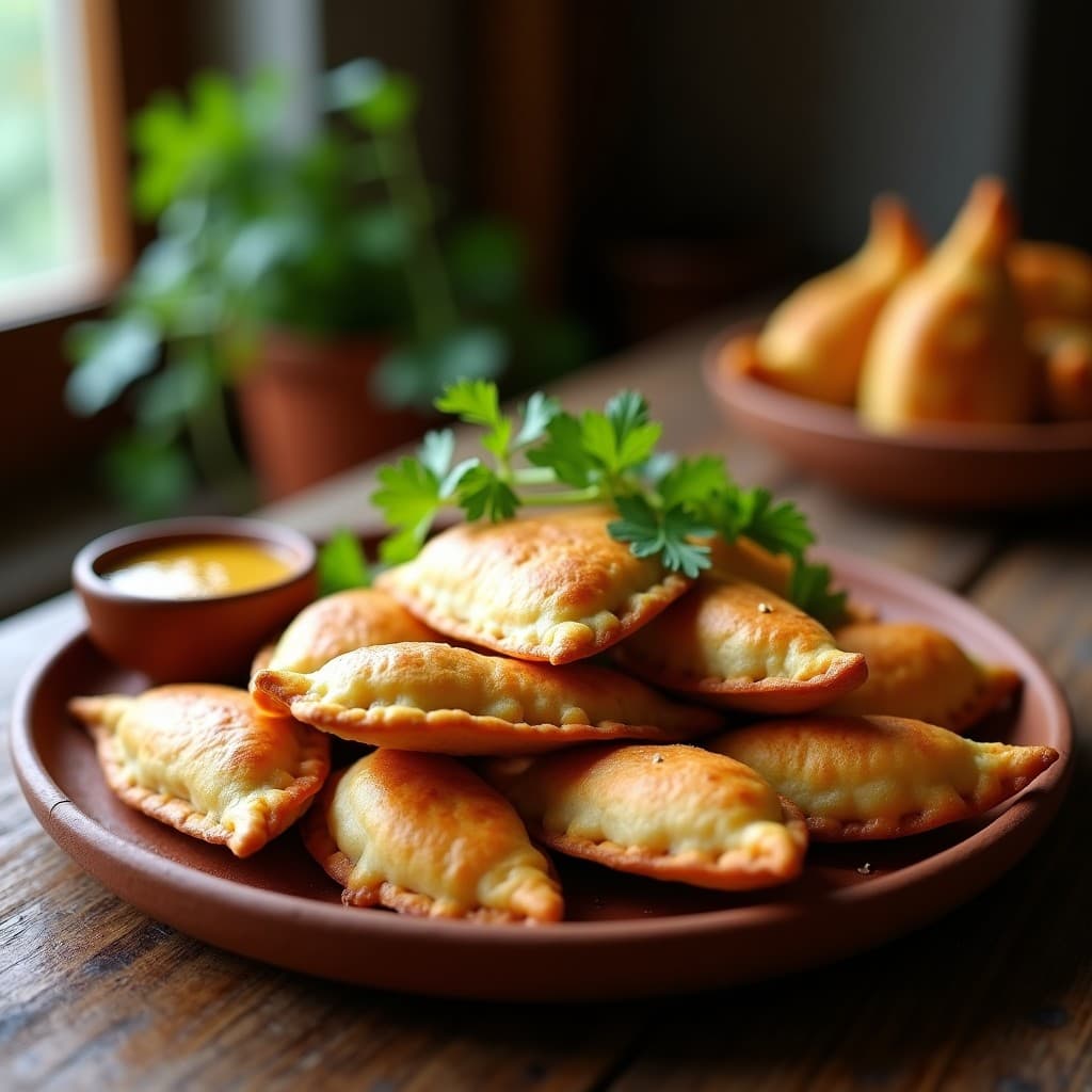 Empanadas doradas y crujientes de mijo rellenas de champiñones portobello y ebí, servidas en plato de barro sobre fondo rústico, receta peruana sin gluten.