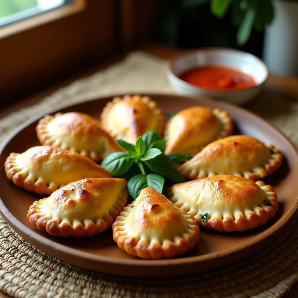 Empanadas doradas y crujientes de mijo rellenas de espinaca verde y queso de soja cremoso, servidas en un plato de madera rústico con hojas de espinaca fresca como decoración. Receta colombiana vegana sin gluten.