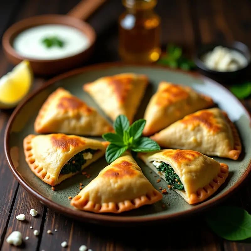 Empanadas doradas y crujientes de mijo rellenas de espinacas y queso de cabra, servidas en un plato de barro con hierbas frescas y limón al lado.