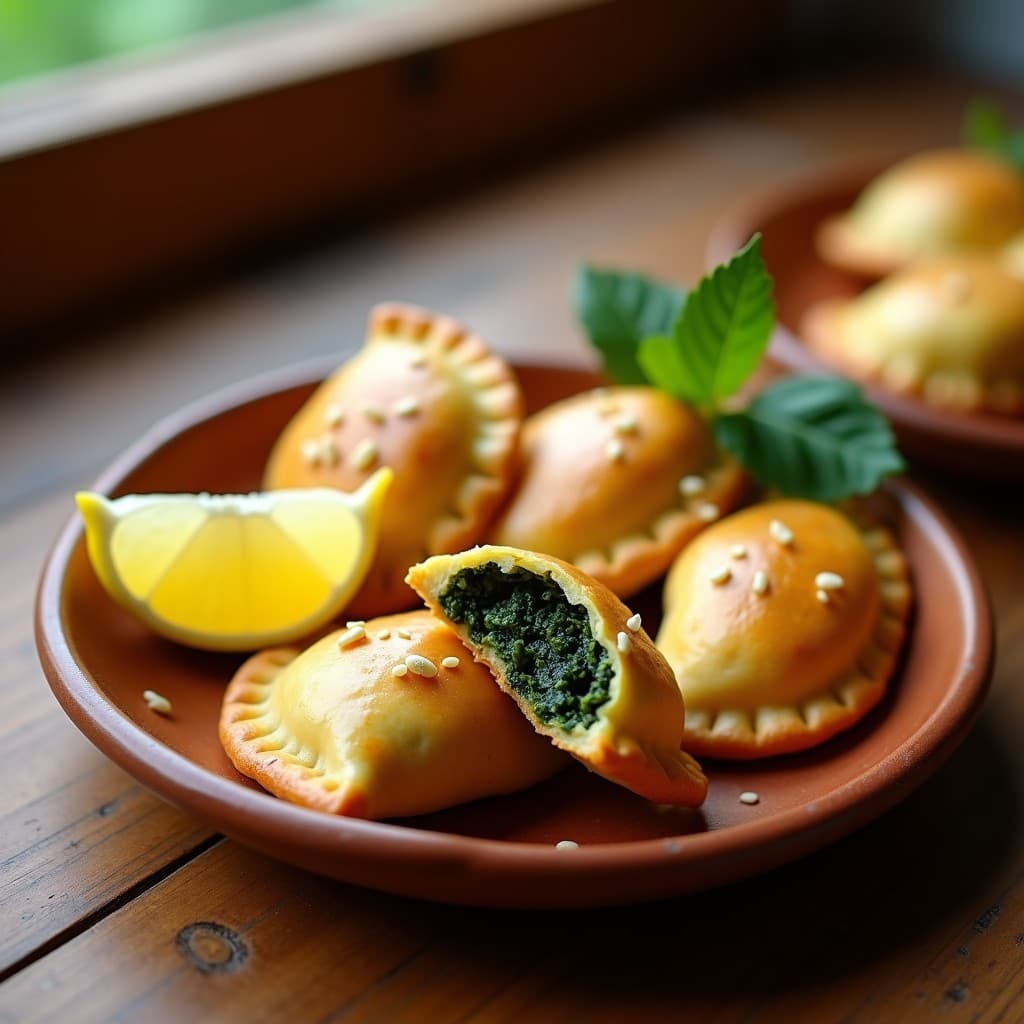 Empanadas doradas y crujientes de masa de mijo rellenas de espinacas y tofu ahumado, espolvoreadas con semillas de sésamo, servidas en un plato de barro con fondo rústico. Receta colombiana sin gluten.