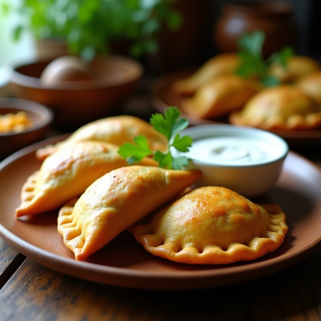 Empanadas doradas de mijo rellenas de pollo al curry, servidas en plato de madera rústico con hojas de cilantro fresco y un fondo de especias y leche de coco. Receta colombiana sin harina en Thermomix.