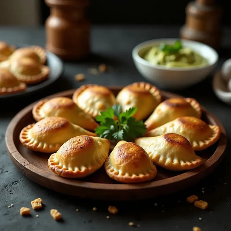 Empanadas doradas y crujientes rellenas de mijo y champiñones portobello, servidas en un plato de madera con hojas de cilantro fresco y un dip de aguacate al lado, receta vegana colombiana en olla exprés.