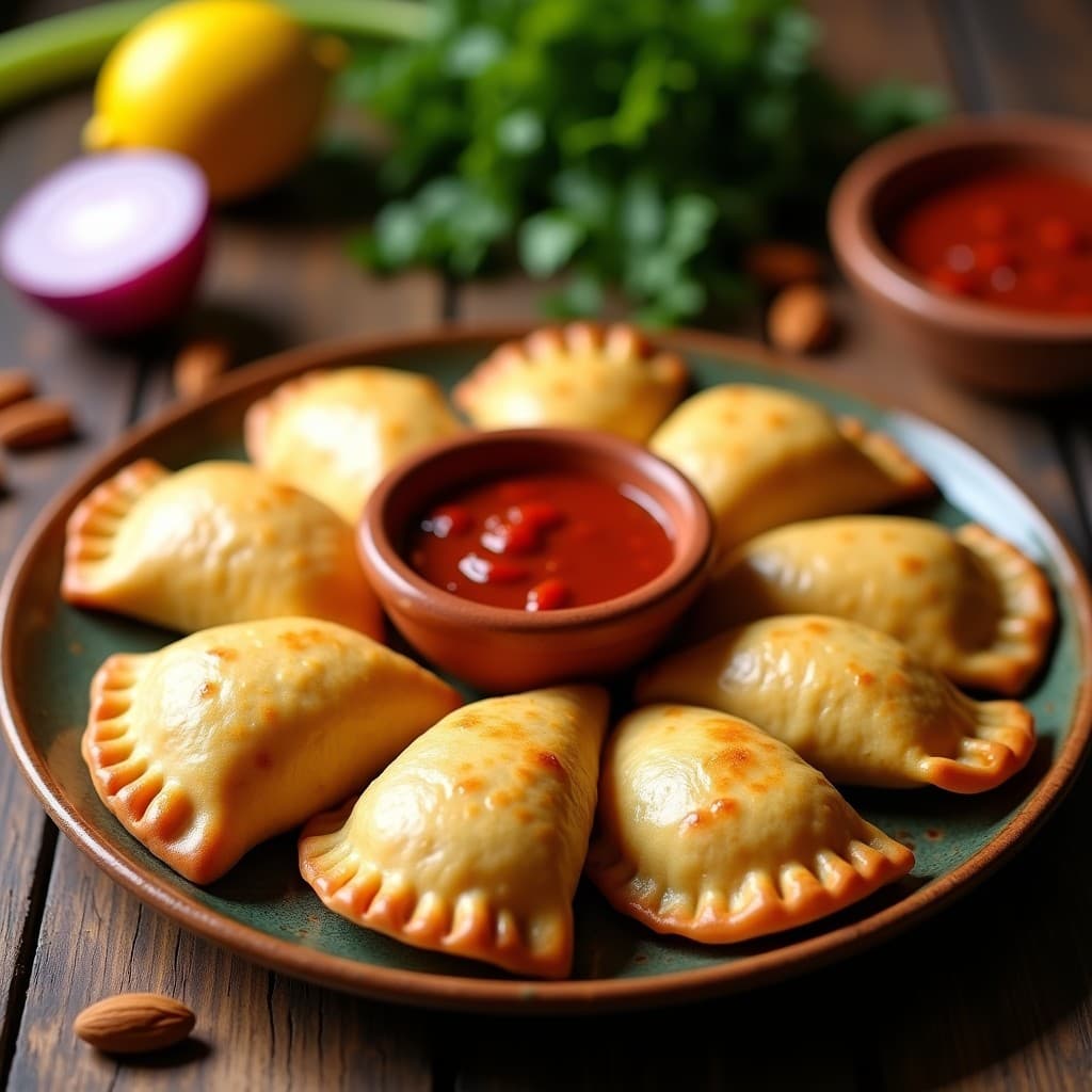 Empanadas doradas de mijo con bordes perfectamente sellados, rellenas de queso de pobres vegano, servidas en un plato de barro con un cuenco de salsa de pimentón de la Vera al lado. Receta española vegana y sin gluten.