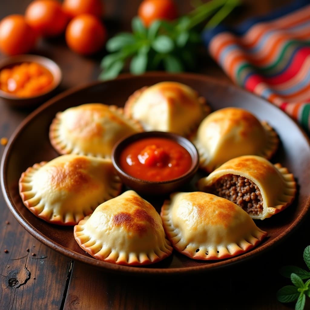 Empanadas doradas y crujientes de mijo con relleno de carne de soja, servidas en un plato de barro con salsa de tamarillo de color rojo intenso. Receta boliviana en airfryer, alta en proteína y sin gluten.