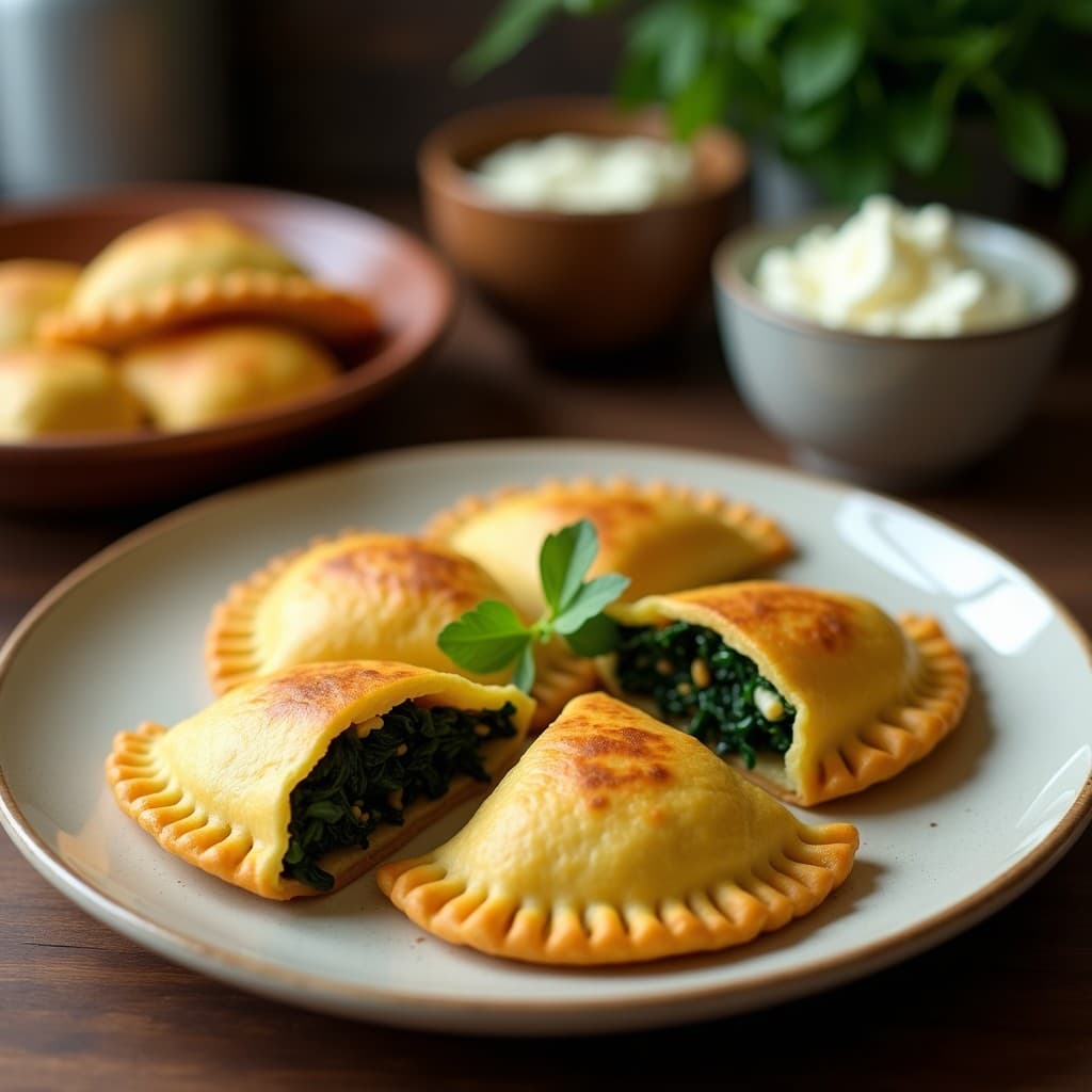 Empanadas doradas y crujientes de millo rellenas de espinacas y queso feta, servidas en un plato rústico de barro con un fondo de hojas verdes y limones cortados, receta colombiana en airfryer.