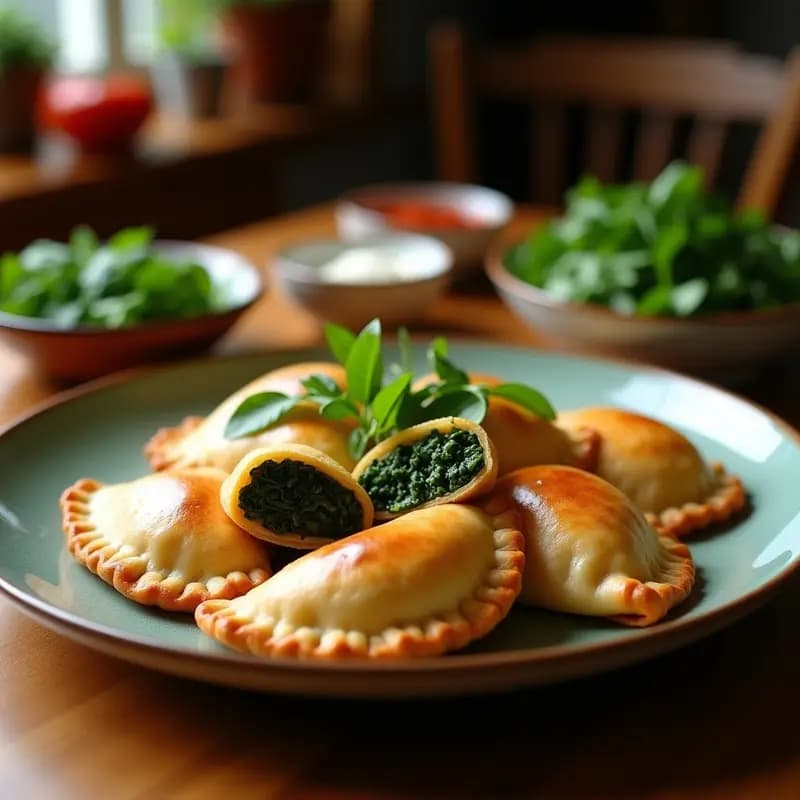 Empanadas doradas de masa de yuca rellenas de espinacas y mojo de ajo, servidas en un plato de barro con salsa de mojo de ajo al lado. Receta cubana sin harina, crujiente y aromática.