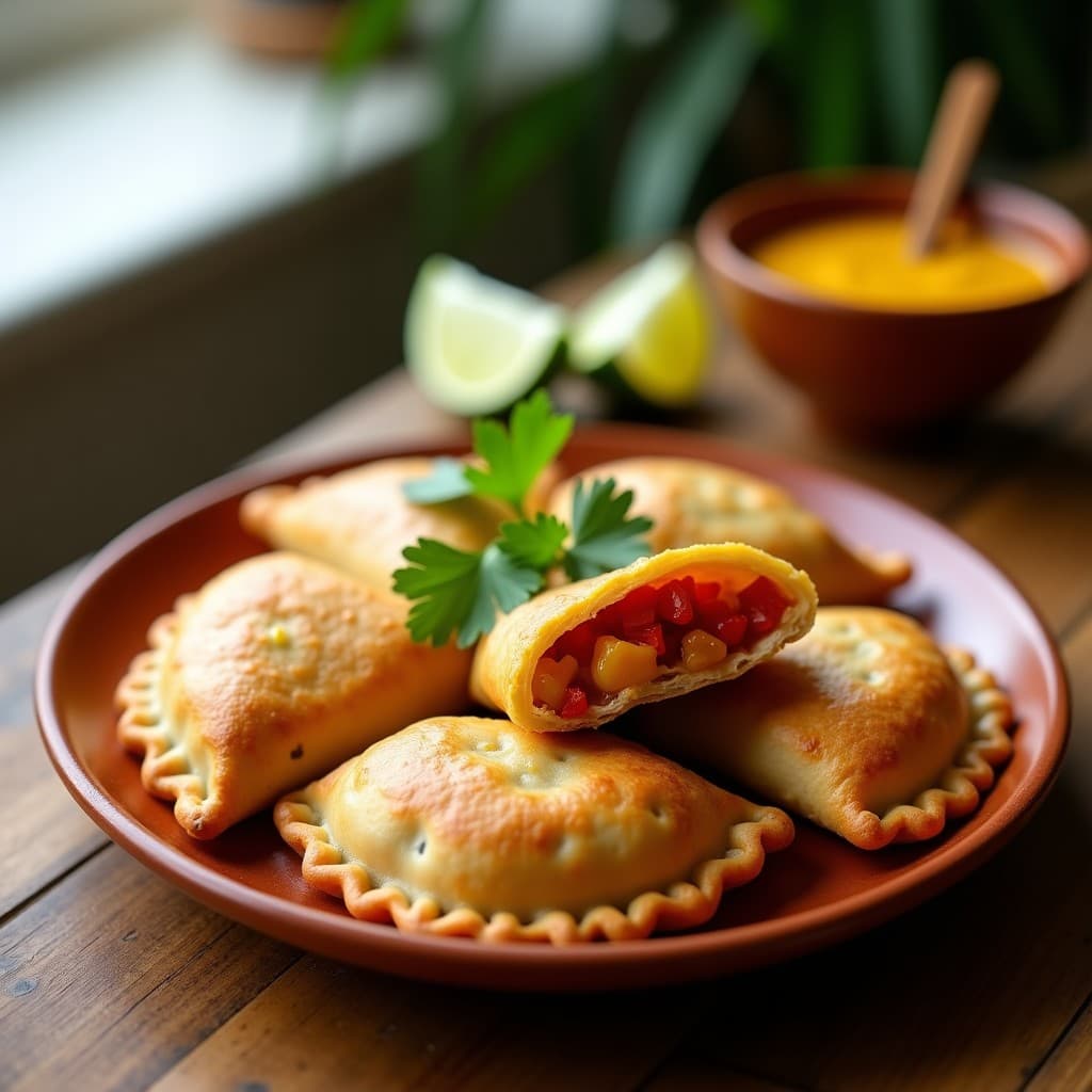Empanadas peruanas de mongo congrio y pimiento morrón asado, doradas y crujientes, servidas en un plato de barro con salsa de ají amarillo y culantro al lado. Receta en airfryer sin masa tradicional.