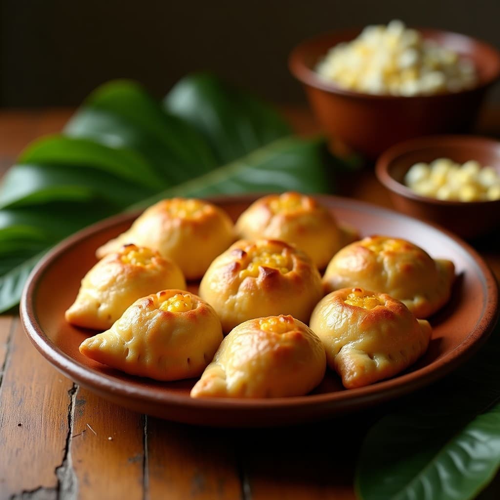 Empanadas doradas y crujientes de mote de maíz y queso campesino, servidas en un plato de barro rústico sobre una mesa de madera, con hojas de bijao al fondo. Receta tradicional ecuatoriana en Airfryer.