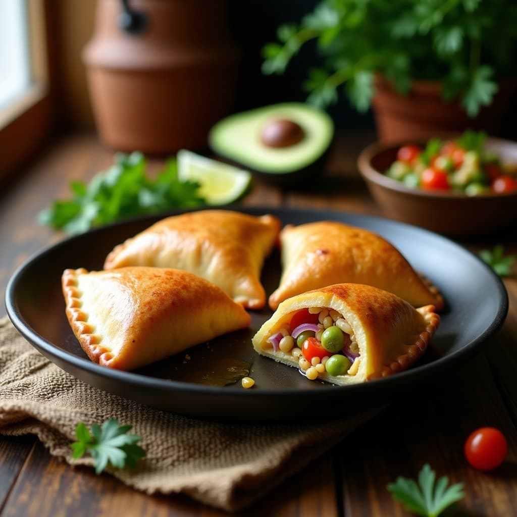 Empanadas doradas y crujientes rellenas de mote de trigo y pebre de palta, servidas en un plato de barro con limón y cilantro fresco, receta tradicional chilena en Thermomix.