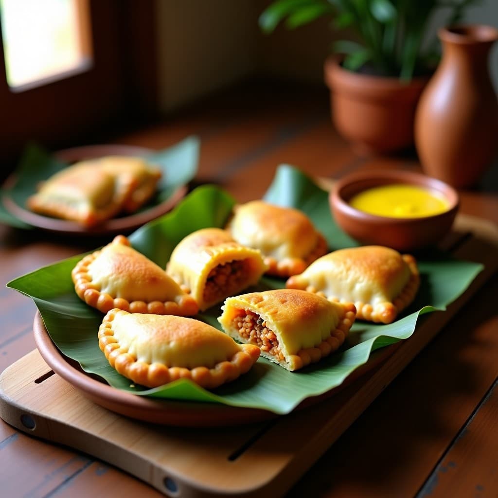 Empanadas doradas y crujientes de mote con relleno de peji y ají amarillo, servidas en una bandeja de madera rústica con hojas de plátano, receta ecuatoriana tradicional en horno.