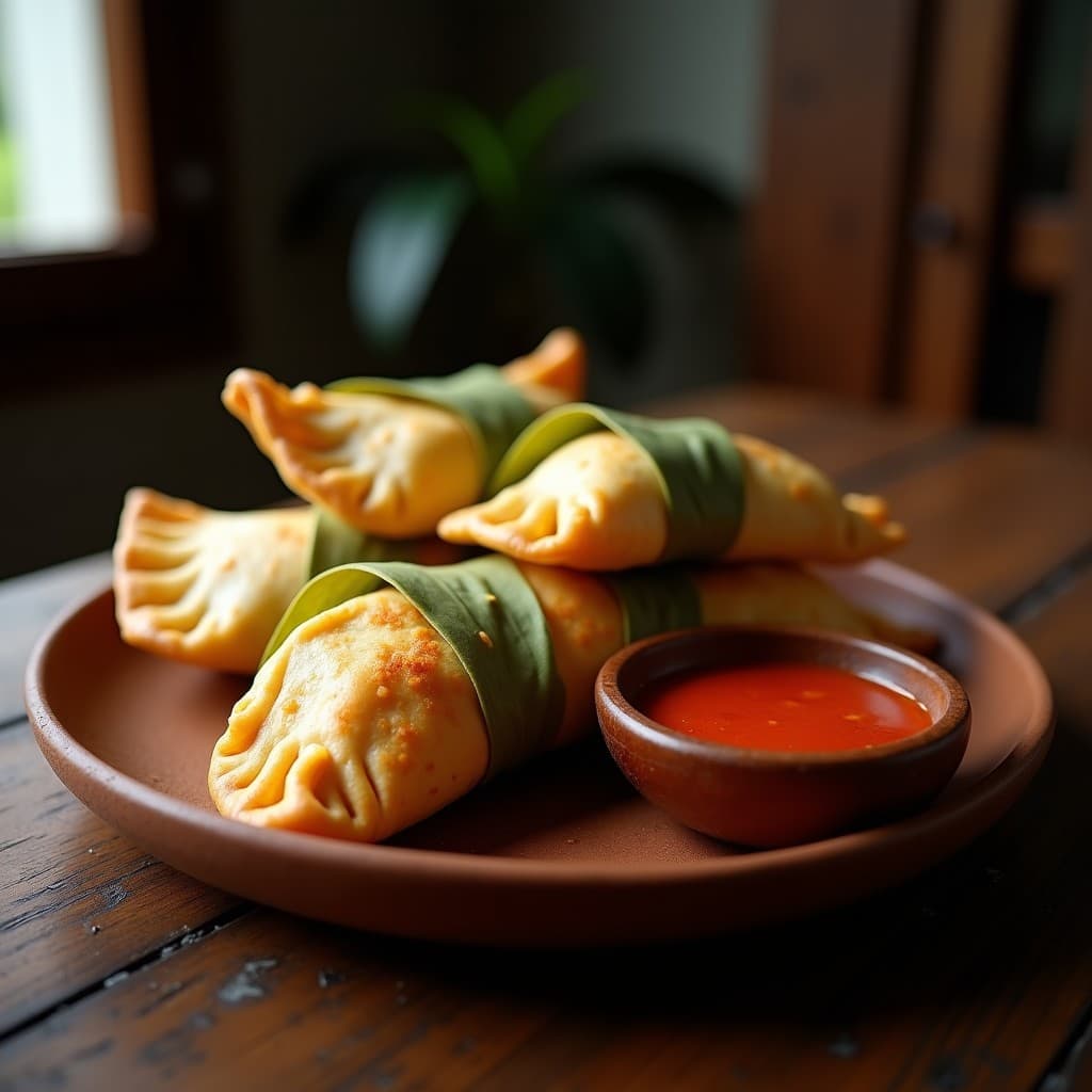 Empanadas de mote y quesillo ecuatorianas doradas, apiladas en un plato de barro con hojas de bijao, servidas con ají criollo al lado. Receta tradicional en olla express.