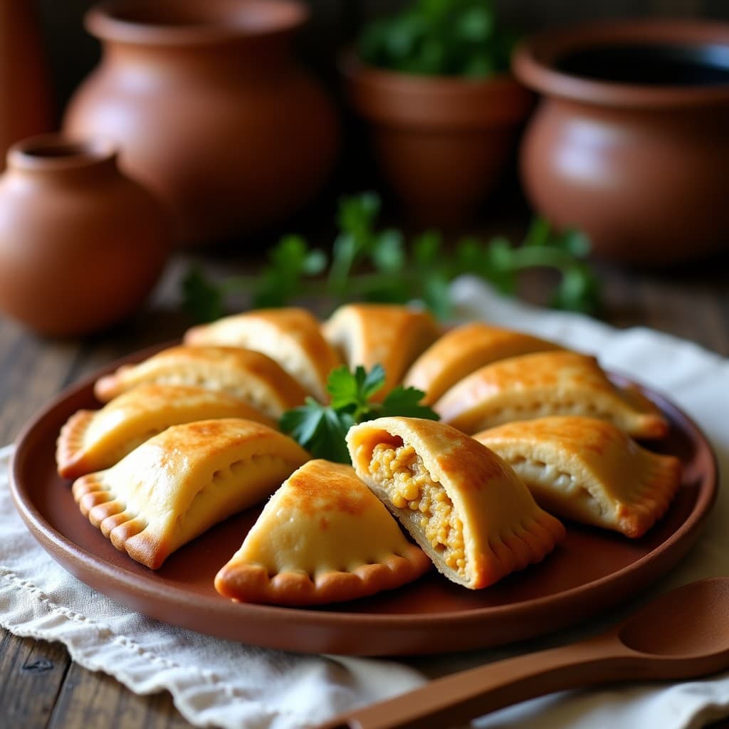Empanadas doradas y crujientes rellenas de mote y queso de alpaca, dispuestas en una fuente de barro sobre un mantel rústico de lino. Se aprecian capas de masa finamente selladas y un relleno cremoso al cortar una empanada por la mitad. Receta tradicional argentina en olla lenta.