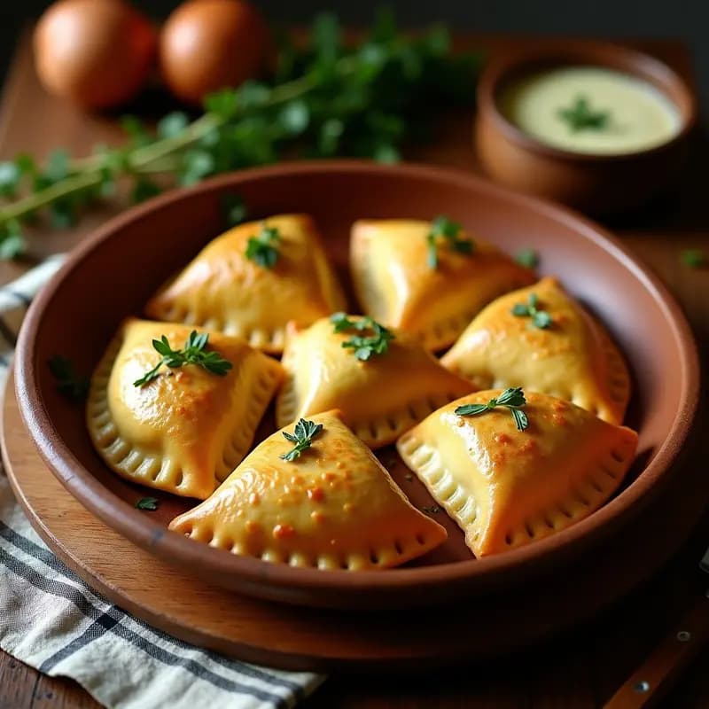 Empanadas doradas y crujientes de mote con queso y debeza servidas en una bandeja de barro rústica, con un toque de debeza fresca espolvoreada encima y un fondo de ají criollo.